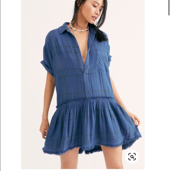 SALE NWT Free People Love Buzz Dress Med Blue Plaid - Picture 2 of 14